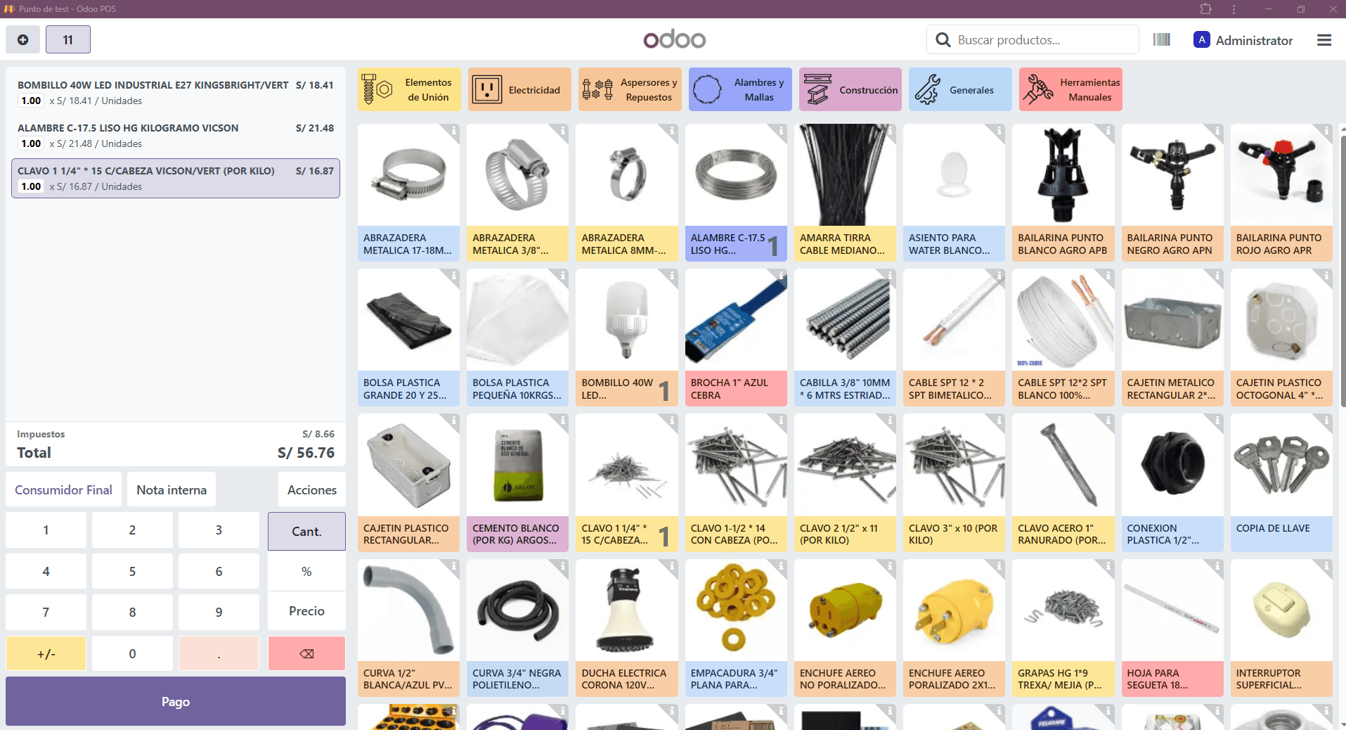 Captura del punto de venta de Odoo con catálogo, categorías y panel de cobro